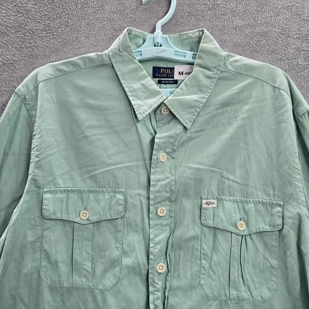 Polo Ralph Lauren Men Button Up Shirt‎ XL Green Twill Beach Long
